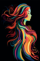 Silhouette of a girl with long curly hair, multi-colored. Beautiful long wavy hair style. Vector. Side view on a black background. Wavy haircut
