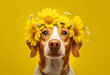 dog with flowers crown over yellow background, summertime concept. Generative Ai