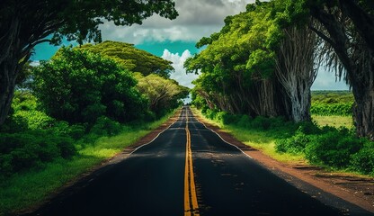 Wall Mural - Straight asphalt road surrounded with greeny in guadeloupe, caribbean, france Generative AI