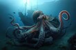 octopus kraken with tentacles wrapped around sunken shipwreck, created with generative ai