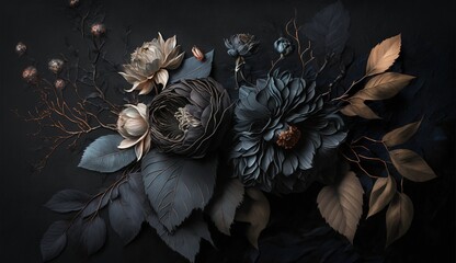 Sticker - Generative AI, Close up of blooming flowerbeds of amazing black flowers on dark gothic moody floral textured background. Photorealistic effect.	
