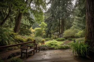 backyard with view of forest, showcasing wildlife among the trees, created with generative ai