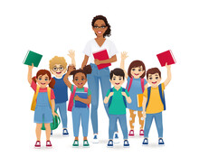 Female African Teacher Woman Standing With Group Of School Children Kids With Backpacks And Books Isolated Vector Illustration