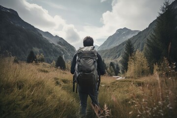 Wall Mural - person, hiking through nature with backpack in view, created with generative ai