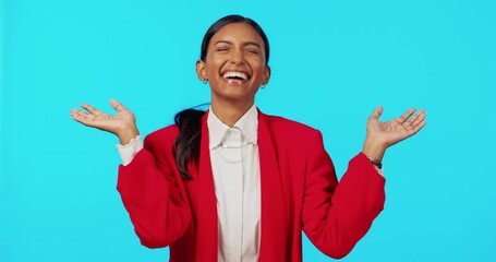 Poster - Business woman, cash shower and studio with celebration, surprise and winning by blue background. Indian businesswoman, money rain and happiness for profit, bonus and financial success by backdrop