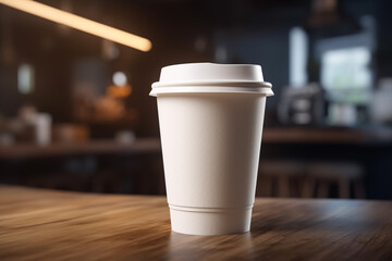 Blank coffee paper cup on the table. Mockup of coffee paper cup. generative AI