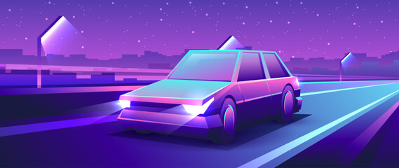 Canvas Print - Neon car drives along night highway. Horizontal urban illustration of a realistic cityscape.