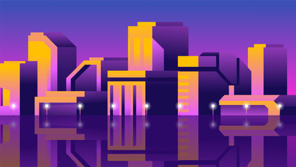 Wall Mural - Horizontal city view in warm colors. Gradient high buildings on sunset background.