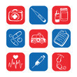 Symbole medyczne - zestaw ikon. Znaki związane z medycyną. Torba lekarska, termometr, tabletki, lekarstwa, ambulans, recepta, strzykawka, stetoskop, elektrokardiogram. Przybory lekarskie, lekarz