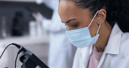 Poster - Scientist, covid and woman with microscope for research in laboratory, experiment or analysis. Face mask, science and doctor with equipment for medical testing, biotechnology and studying virus.