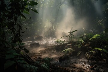 Poster - close-up of smoky jungle floor, with insects and reptiles visible, created with generative ai