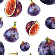 Seamless pattern ripe fig fruit, slice isolated on white. Watercolor hand drawing botanic illustration. Art for design