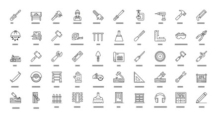 Carpentry Thin Line Icons Hammer Helmet Chainsaw Icon Set in Outline Style 50 Vector Icons in Black