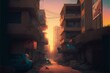 © X-Poser - view of grubby road in deserted town at dusk Fantasy concept , Illustration painting. Generative AI