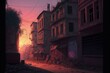 © X-Poser - view of grubby road in deserted town at dusk Fantasy concept , Illustration painting. Generative AI