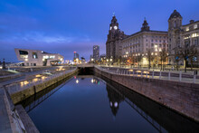 The Pier Head At Dawn, Liverpool Waterfront, Liverpool, Merseyside