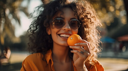 Beautiful smiling young woman in sunglasses eating an orange in a park. Generative AI