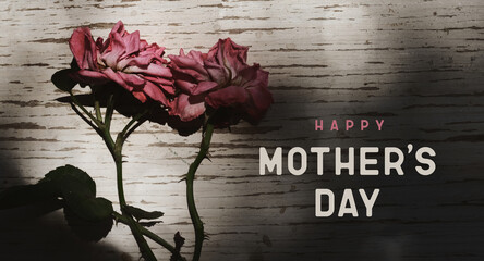 Wall Mural - Vintage moody Mothers day greeting on dark wood background with roses for holiday greeting.