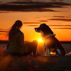 Girl and dog sunset Art with Generative AI.