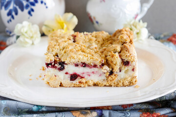 Poster - Homemade fruit cake with blueberries and red currant.