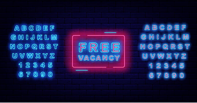 Free vacancy neon label. Luminous turquoise alphabet. Welcome to our team. Job searching design. Vector illustration