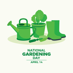 National Gardening Day vector illustration. Garden watering can, shovel, flowerpot with plant, wellies boots icons vector. Garden tools green icon set vector. April 14. Important day