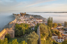 Fog At Sunrise Over Obidos Old Town And Rampart Defensive Walls, Obidos, Centro Region, Estremadura, Portugal