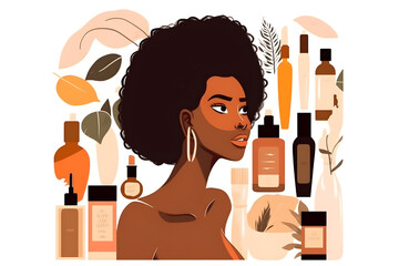 Flat vector illustration Skincare, beauty and portrait of confident black woman with white background and cosmetics. Wellness, dermatology and natural makeup, African models in wellness skincare studi