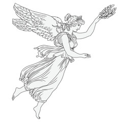 Wall Mural - The ancient Greek goddess in a tunic with wings and a laurel wreath in her hands flies. Woman isolated on white background. Linear vector drawing.