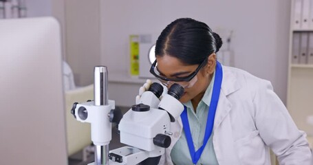 Poster - Tablet, microscope and woman scientist with research, data analysis and happy results for medical test in laboratory. Science people coworking with digital technology, vaccine or healthcare analytics