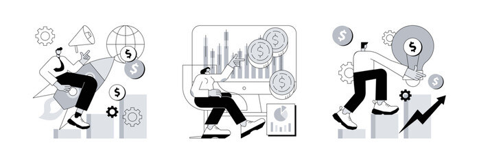Poster - Global economy abstract concept vector illustration set. Economic development, stock market index, intellectual capital, financial institution, exchange rate, money investment abstract metaphor.