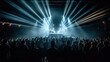 © Diatomic - Panorama live music concert crowd and audience with beams light show and concert lighting. Edm electronic music festival or rock show performance with crowded people silhouette. Generative AI