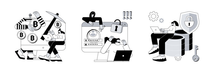 Poster - Cyber crime abstract concept vector illustration set. Hidden mining, data stealing malware, cyber security data protection, miner bot, script development, hacker attack, cyberattack abstract metaphor.