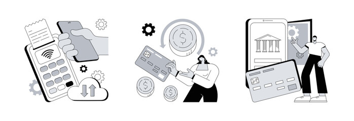 Poster - Retail software abstract concept vector illustration set. Cloud POS, chargeback, card-on-file, sale and transaction data storage, pay back, bank account, money transfer, purchase abstract metaphor.