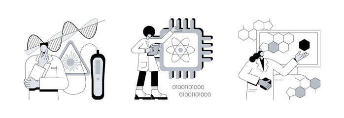 Poster - modern science abstract concept vector illustration set. laser and optical technology, graphene nano