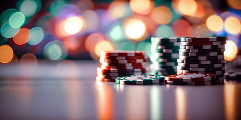 Poker chips on blur color banner background. Generation AI