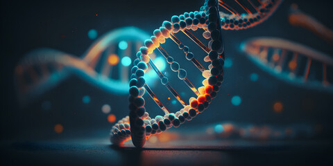 Medical blue Banner with sun light, Spiral technology innovation DNA code of genetic human polygonal. Generation AI
