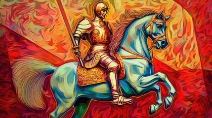 Canvas Print -  a paiting of Saint George in a funky pop style, with vivid bold colors, 8k, hyperrealistic, photography, generative ai