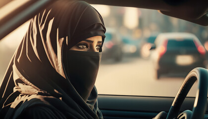 Islam female is driver. Arabic Muslim women driving car. AI generation