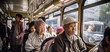 Retired senior and elder people using the public city transport, AI generative image