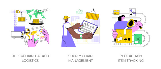 Poster - Blockchain technology in logistics isolated cartoon vector illustrations set. Person with tablet controlling transportation process, supply chain management, blockchain item tracking vector cartoon.