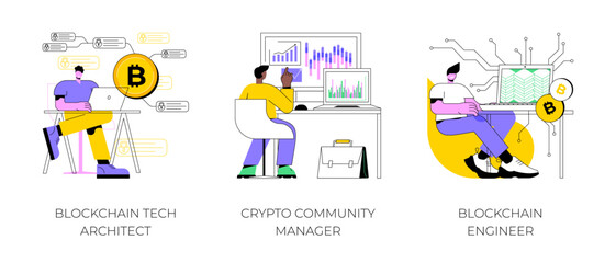Poster - blockchain jobs isolated cartoon vector illustrations set. tech architect works at computer, crypto 