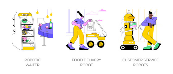 Poster - Service robots isolated cartoon vector illustrations set. Robotic waiter with trays serving in restaurant, food delivery robot, autonomous courier, customer service humanoid machine vector cartoon.