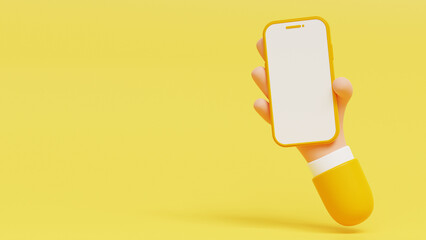 Wall Mural - 3D Hand holding mobile phone with empty screen. Cartoon smartphone isolated on yellow background with free space. Phone device Mockup. Marketing time. 3D Illustration