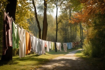 Wall Mural - a row of clotheslines, each with freshly laundered clothing, in a park, created with generative ai