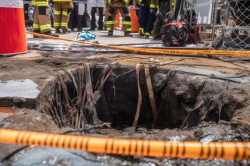 Wall Mural - close-up of sinkhole, with ropes and safety gear for rescue workers visible, created with generative ai