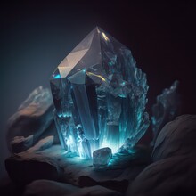 Glowing Crystal In The Dark Cave. Magic Crystal. Glowing Gemstone. Generative AI.