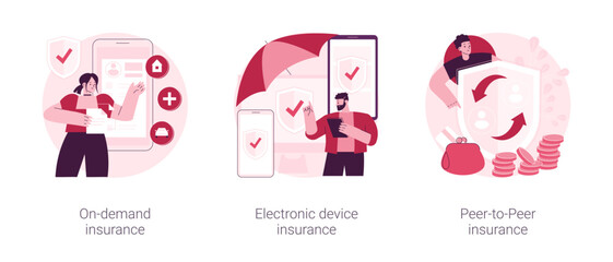 Poster - Insurance policy abstract concept vector illustration set. On-demand insurance, electronic device warranty coverage, peer-to-peer collaborative social risk, accident cost abstract metaphor.