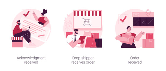 Poster - Order status abstract concept vector illustration set. Acknowledgment received, drop-shipper receives order, package delivery service, retail shopping online, shipping details abstract metaphor.