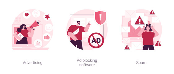 Poster - Internet promotion campaign abstract concept vector illustration set. Advertising, Ad blocking software, spam malware spreading, browser extension, mail filter, target audience abstract metaphor.